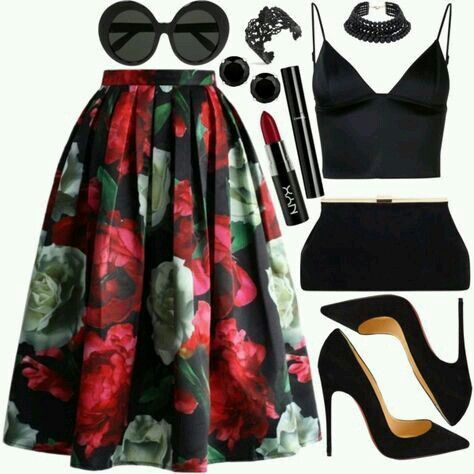 Red and Green Flowers skirt, Black Top, Black shoes, Sunglasses