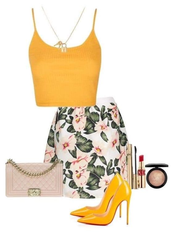 Yellow top, White Flowered Skirt, Yellow Shoes