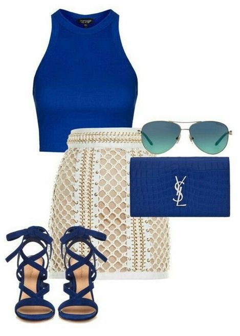 Blue Top, Cream Skirt, Blue shoes, Blue Clutch and Sunglasses