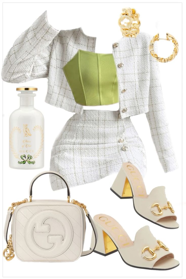 White Suit, Lime Top, White Heels, White Handbag