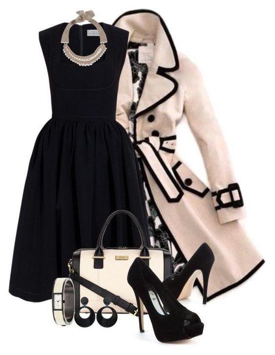 Black dress, white Coat, Black Shoes, White Bag