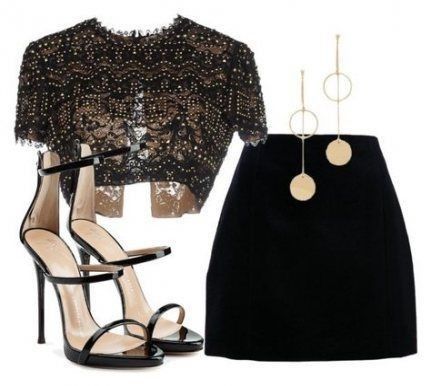 Black skirt, Black heels, Lacy Black and Beige Top