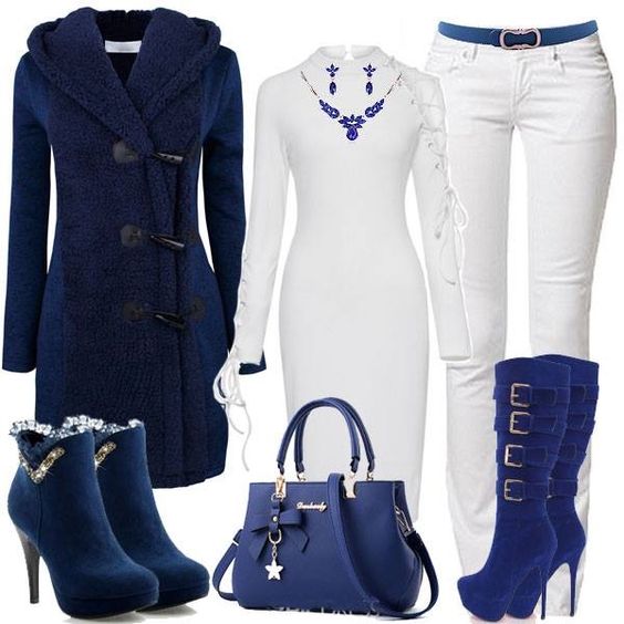 Blue Coat, White dress, White Pants, Blue Boots, Blue bag