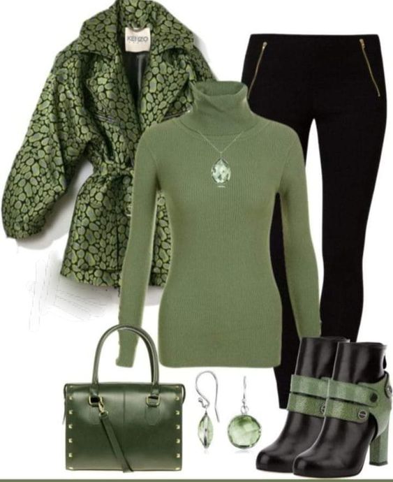 Green Jacket, Green Pull-neck, Black Pants, Green Bag, Boots