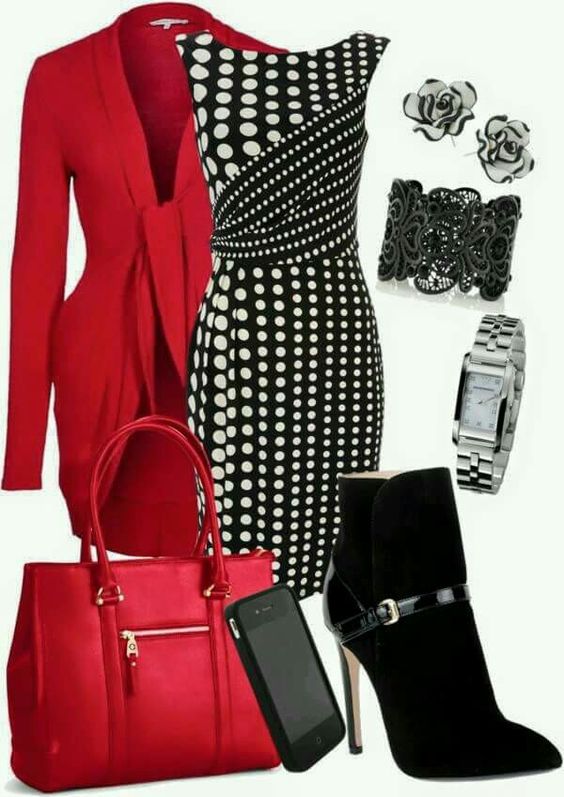 Red Coat, Black and White Dress,Black Boots, Red Bag