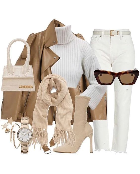 Brown Jacket, white Top, White Pants, Brown Boots and Bag