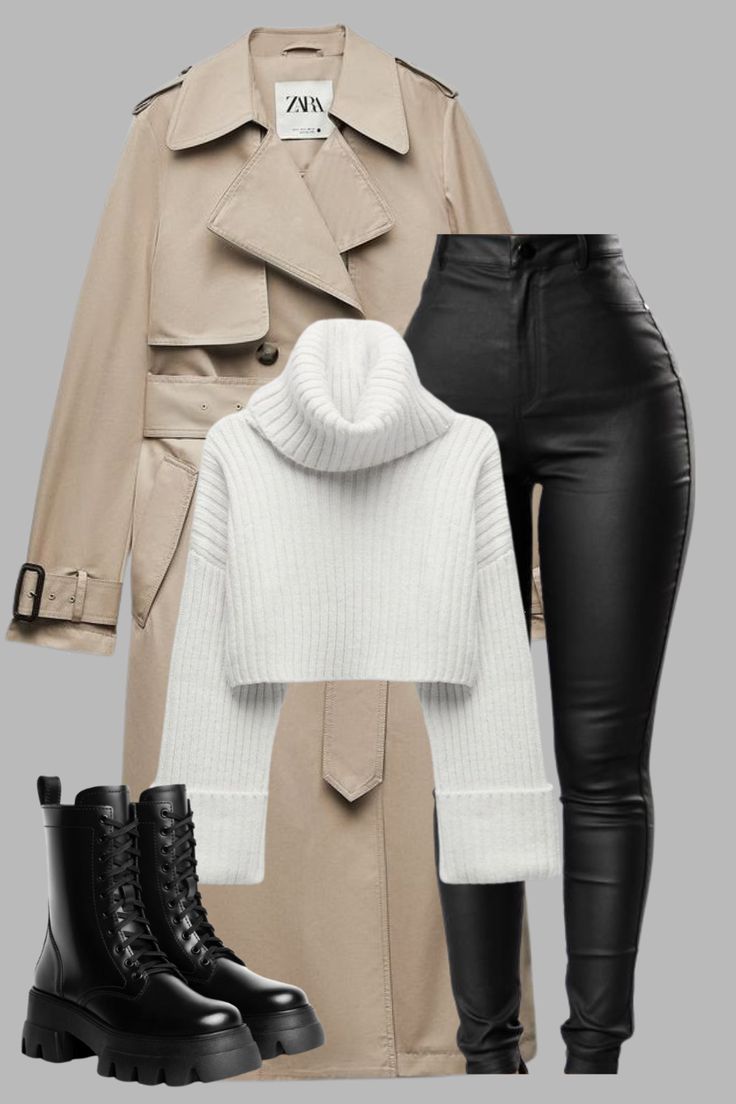 Brown Long Coat, White Top, Black Pants, Black Boots