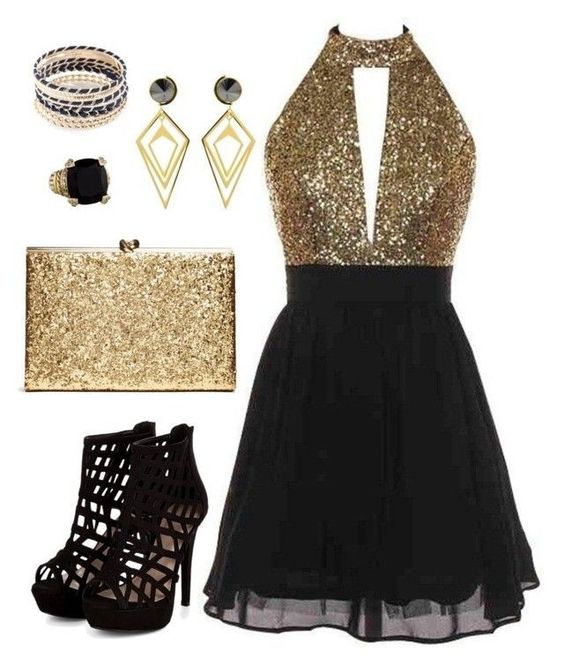 Black and Gold Dress, Black Heels, Gold Clutch