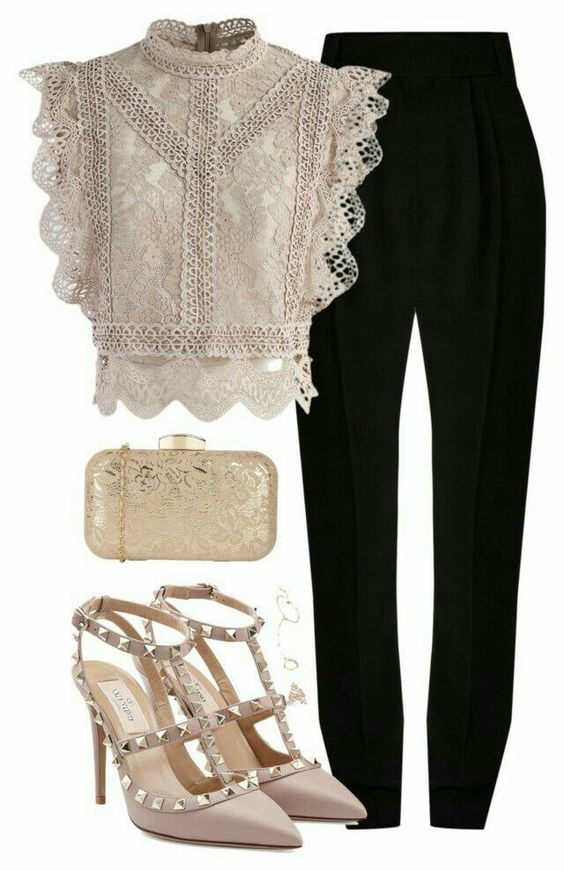 Black Pants, Lacy Beige Top, Beige Heels, Beige Clutch