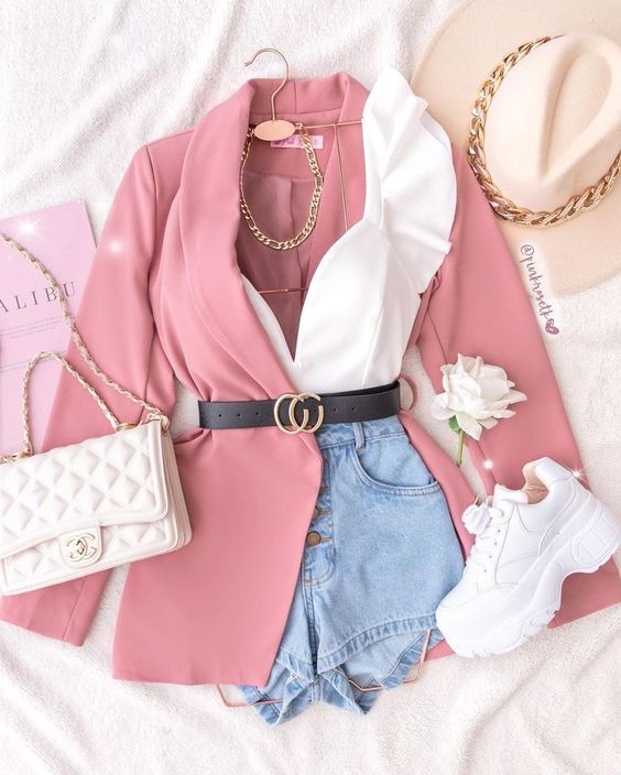 Pink Coat, white Top, Blue Jeans Short, White Sneakers