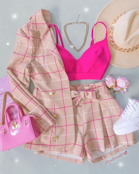 Checkered Pink Suit, Pink Top, White Sneakers, Pink Hat