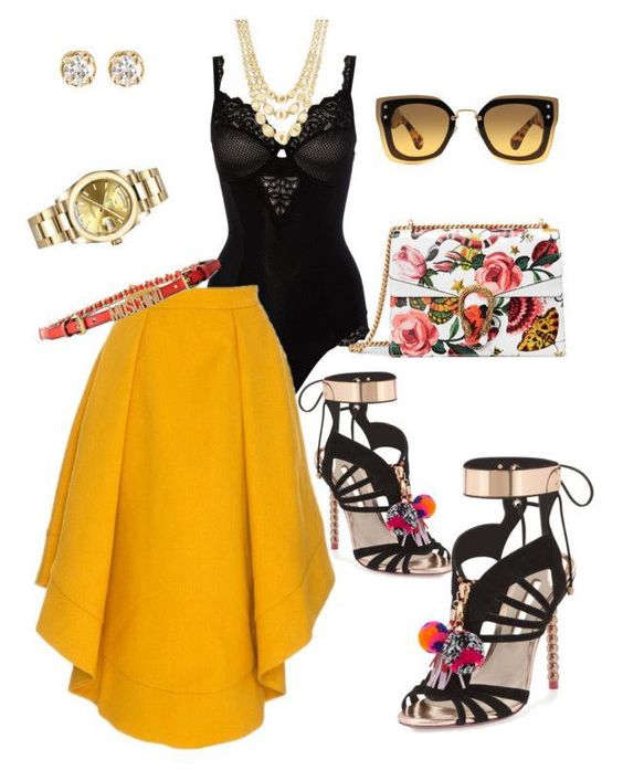 Yellow Skirt, Black Top, Black Heels, Flowered Bag