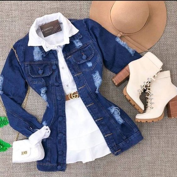 Blue Jean Coat, White Dress, White and Brown Boots, Brown Hat