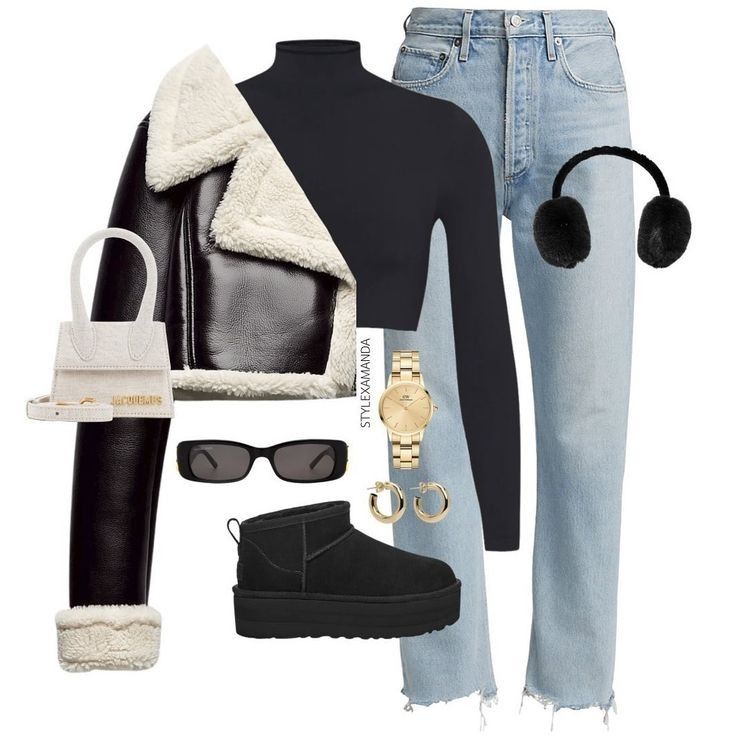 Black Coat, Black Top, Blue Jeans, Black Shoes, White Bag