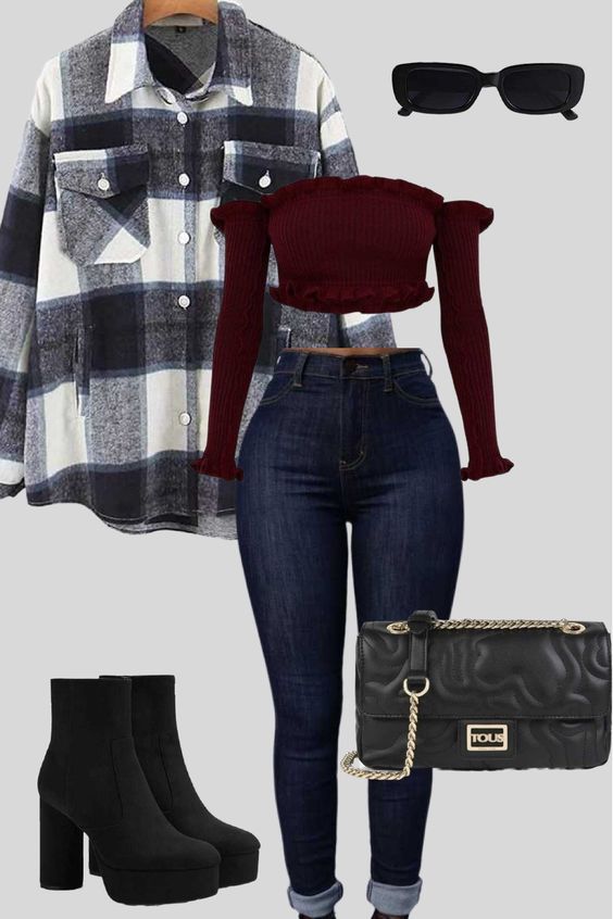 Maroon Top, Blue jeans, Checkered Shirt, Black Boots, Black Bag