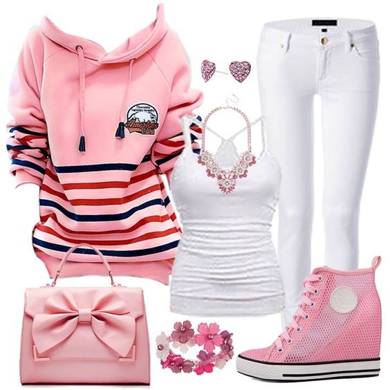 Pink Jumper, White Top, White Jeans, Pink Shoes, Pink Bag