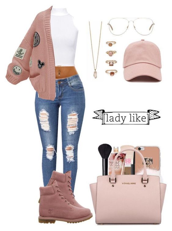 Pink Sweater, White Crop Top, Blue Jeans, Pink Hat, Pink Shoes